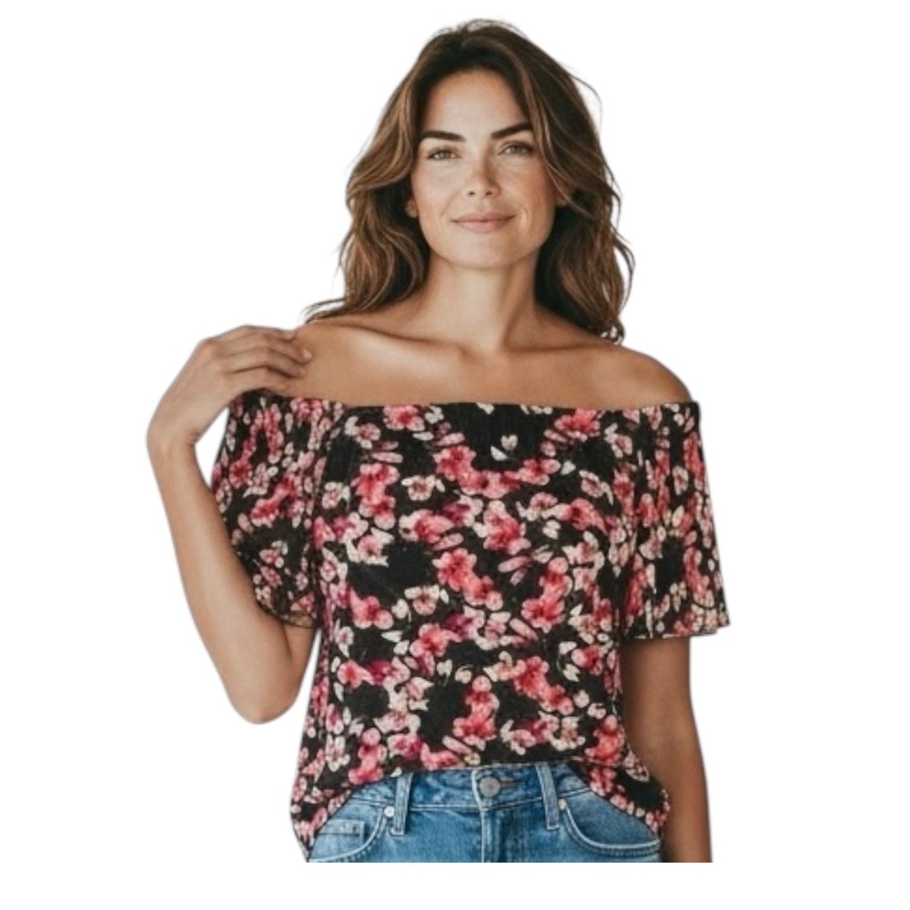 White House Black Market Off Shoulder Floral Top Pleated Sleeve Medium Romantic